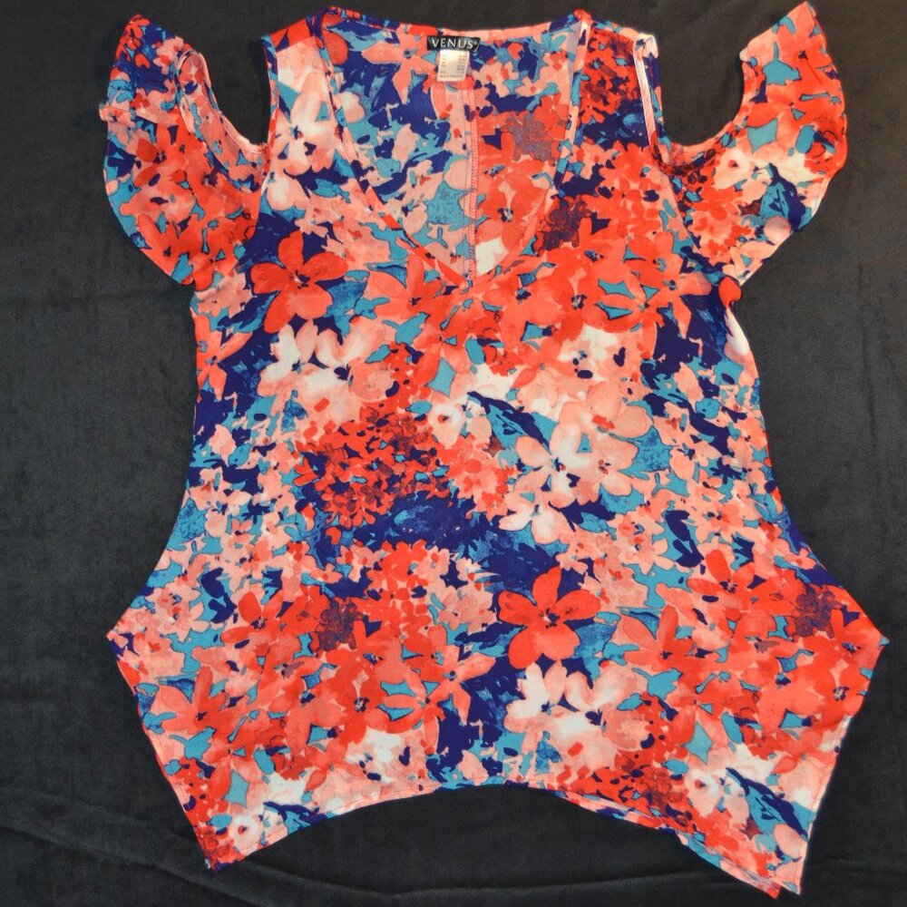 Venus blouse, floral chiffon cold shoulder handkerchief hem summer blouse sz S